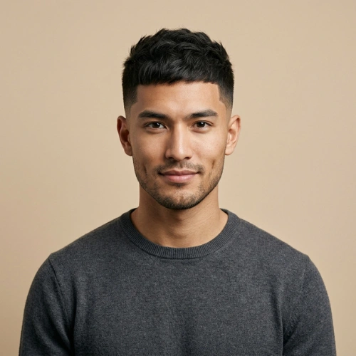 A 22-year-old male model with a clean, well-groomed modern haircut in a studio setting.