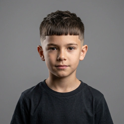 A 9-year-old boy with a cool, short Edgar haircut, featuring a sharp fringe and clean fade in a studio portrait.