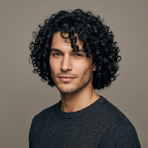 A 25-year-old male model with a stylish curly bob haircut in a studio setting.