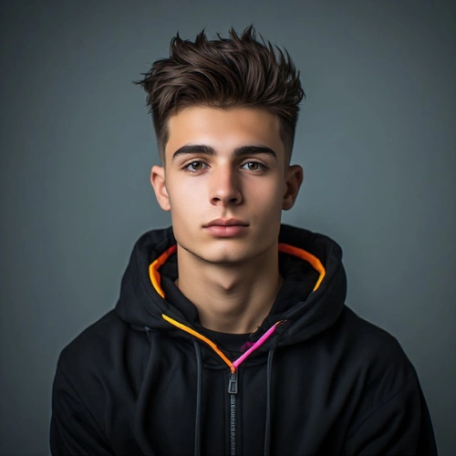 A 22-year-old gamer with a sharp Edgar haircut wearing a casual gaming hoodie.