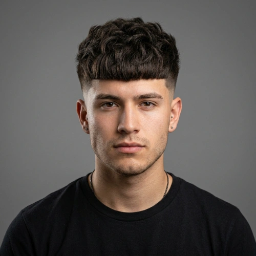 A young man showcasing a traditional Edgar Takuache hairstyle with textured fringe.