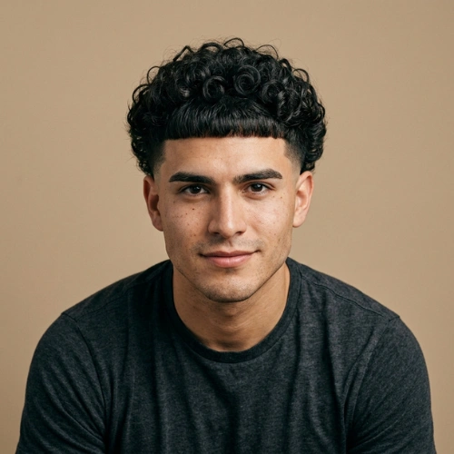 A 22-year-old male model with naturally curly hair styled in an Edgar cut.