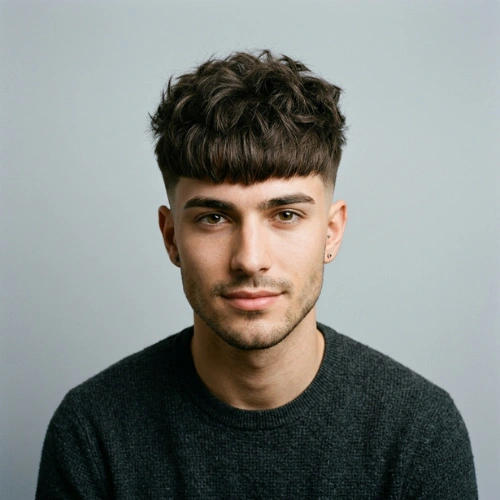 A 20-year-old male model with a modern Fluffy Edgar haircut.