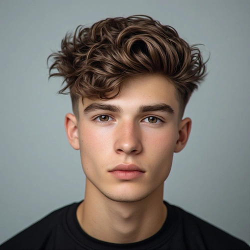 A 19-year-old male model with a Fluffy Edgar haircut and a low taper fade.