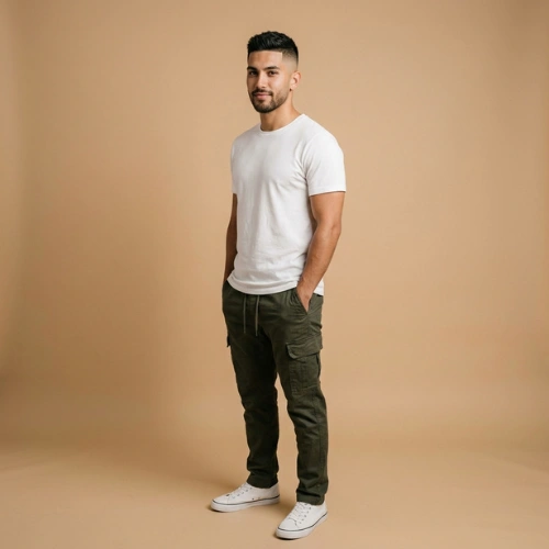 A 25-year-old man with a fresh skin fade haircut wearing a casual white t-shirt and cargo pants.