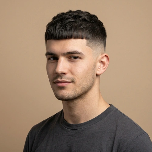A 20-year-old male model with a sharp Low Fade Edgar haircut.