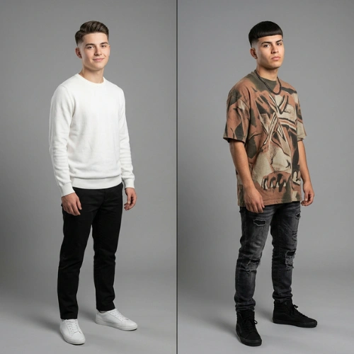 Comparison of a Low Taper haircut outfit versus an Edgar haircut streetwear look.