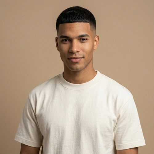 A 24-year-old man wearing a classic heavyweight cotton tee and an Edgar haircut.