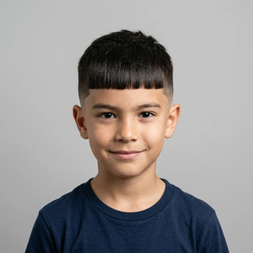 An 8-year-old boy with a sharp Short Edgar haircut, featuring straight hair and a clean fade.
