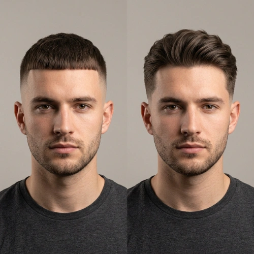 A 25-year-old male model showcasing a side-by-side comparison of a Short Edgar haircut and a Taper Fade haircut.