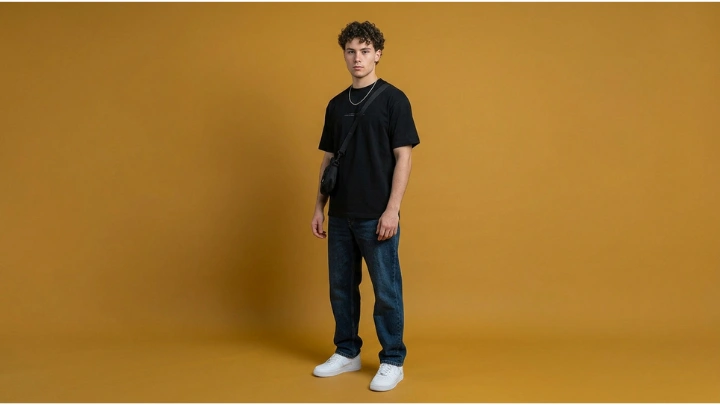 A 21-year-old male model with a curly Edgar haircut wearing a stylish streetwear outfit.