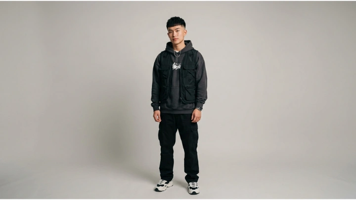 A young man with an Edgar Low Taper Fade hairstyle wearing a modern streetwear outfit.