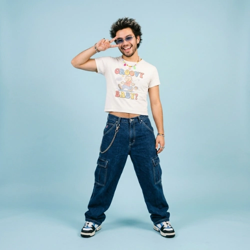 A 23-year-old male model wearing an exaggerated Y2K fashion outfit, posing playfully for a meme-style image.