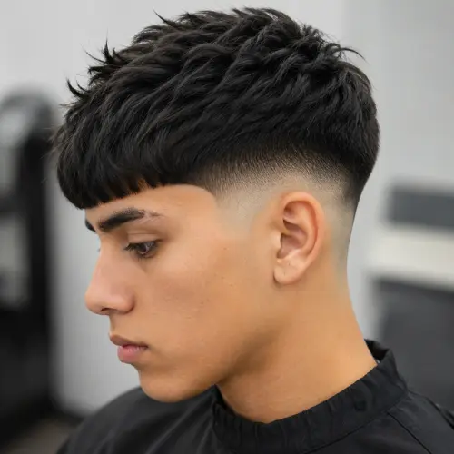A close-up side profile of a young man with a modern fade haircut. The hair on top is thick, dark, and textured, while the sides are smoothly faded into the skin. The background is blurred, suggesting an indoor barbershop or salon setting.
