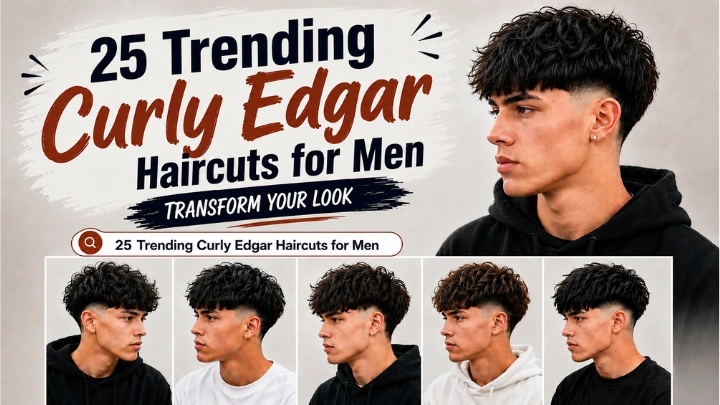 A collage showing 25 Trending Curly Edgar Haircuts for Men featuring a stylish young man with bouncy curly hair, a straight front fringe, and a clean low taper fade.